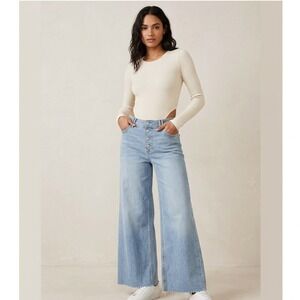 We The Free People High Rise Jeans Wide Leg Button Fly Raw Hem Light Wash 27